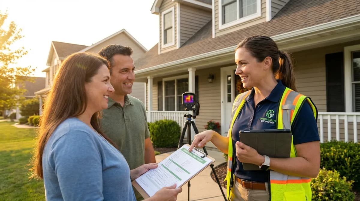 Professionnel habitat analysant un rapport d'audit énergétique avec un client devant une maison
