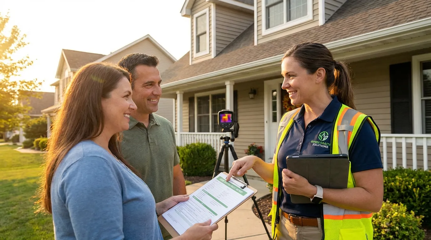Professionnel habitat analysant un rapport d'audit énergétique avec un client devant une maison