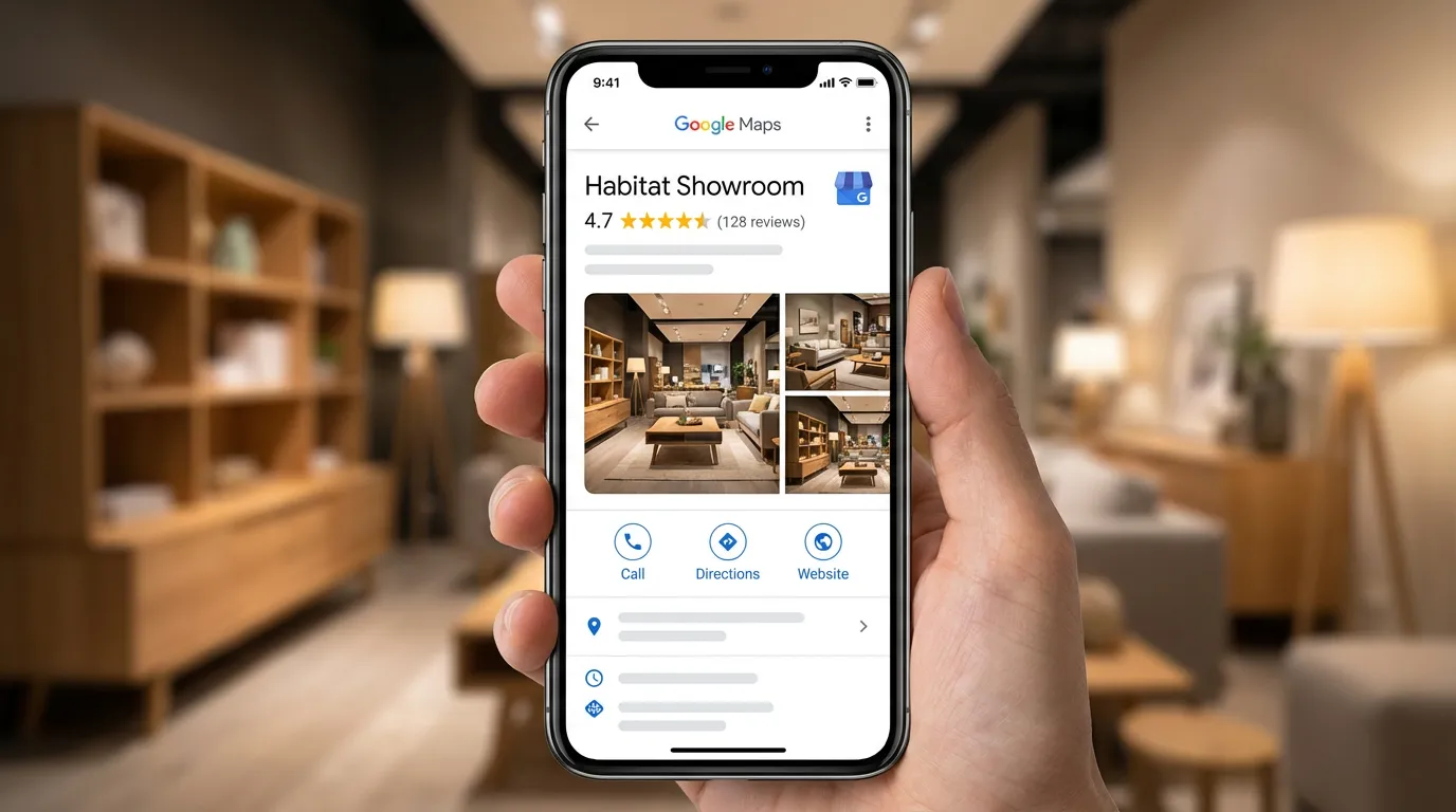 Écran de smartphone affichant une fiche Google Business d'un showroom habitat avec une note 4,7 étoiles