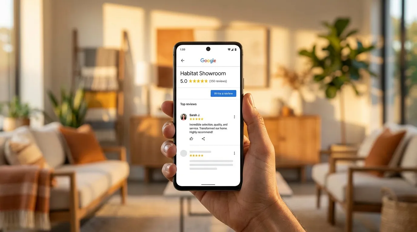 Écran de téléphone montrant un avis 5 étoiles sur Google pour un showroom habitat