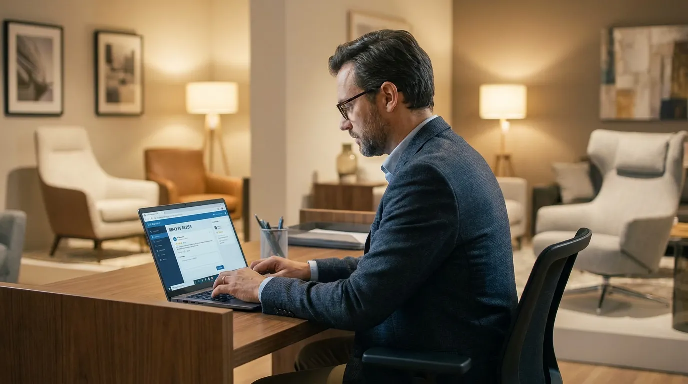 Gérant de showroom habitat rédigeant une réponse à un avis négatif sur son ordinateur