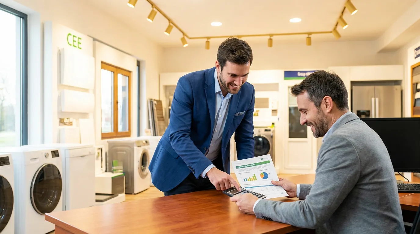 Vendeur showroom montrant un calcul d'économies CEE sur un document à un client