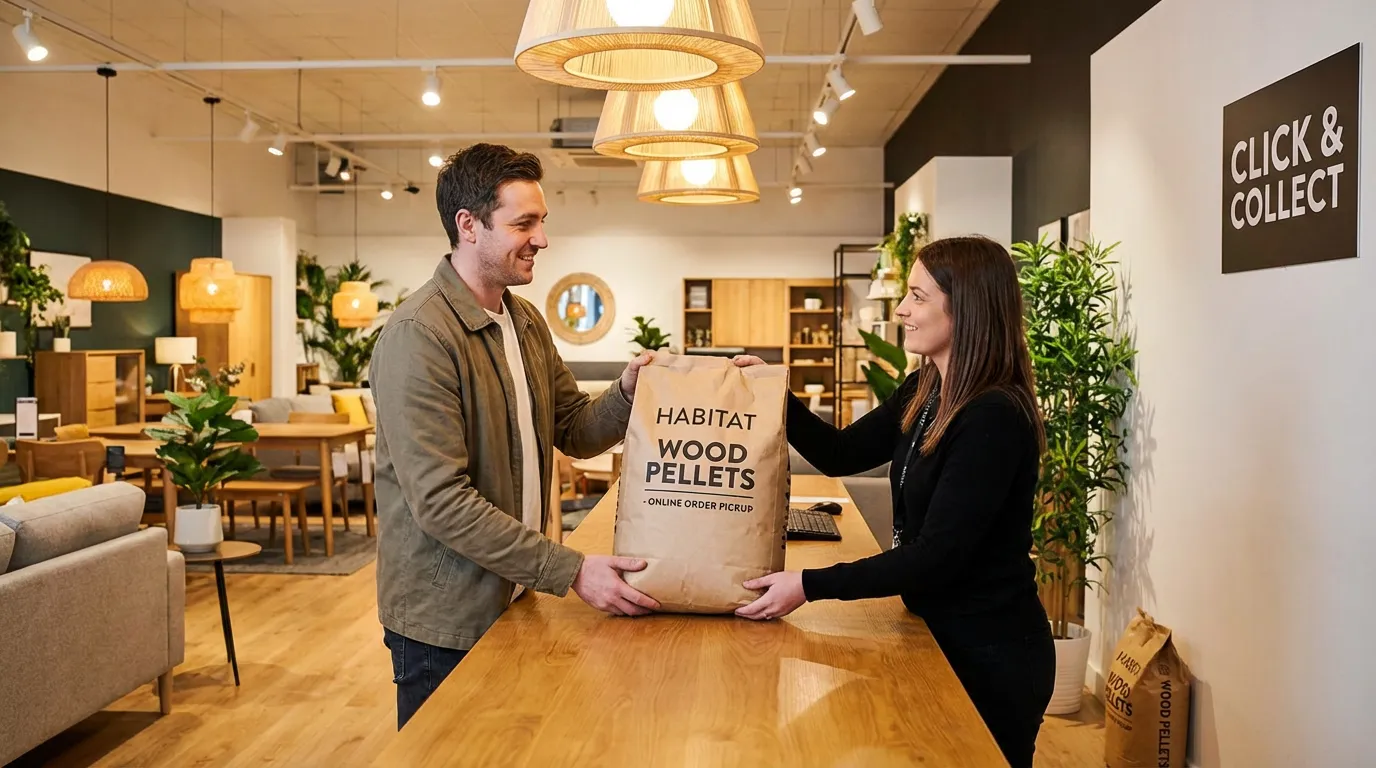 Client récupérant un sac de granulés commandé en ligne au comptoir d'un showroom habitat