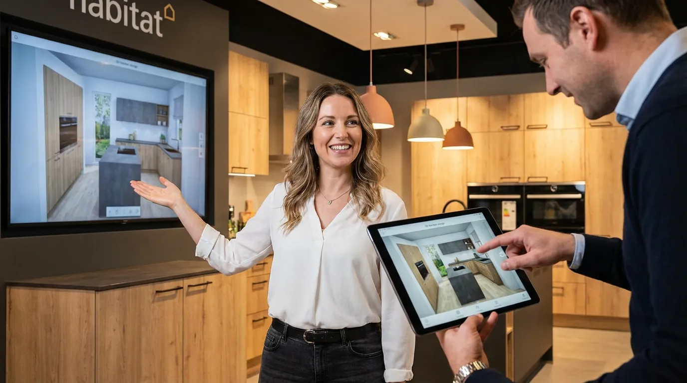 Client utilisant un configurateur 3D de cuisine sur tablette dans un showroom habitat