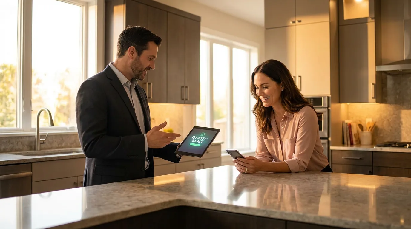 Vendeur de showroom habitat envoyant un devis depuis sa tablette devant un client
