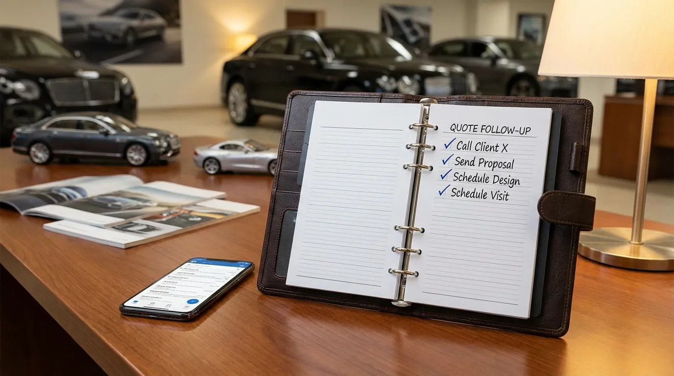 Calendrier de relance de devis avec des tâches cochées et un téléphone sur un bureau de showroom