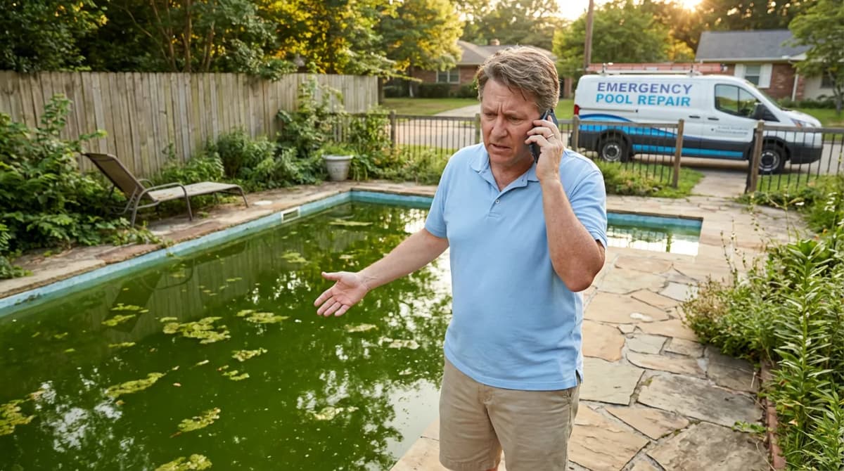 Piscine avec eau verte et algues, client stressé appelant pour urgence SAV