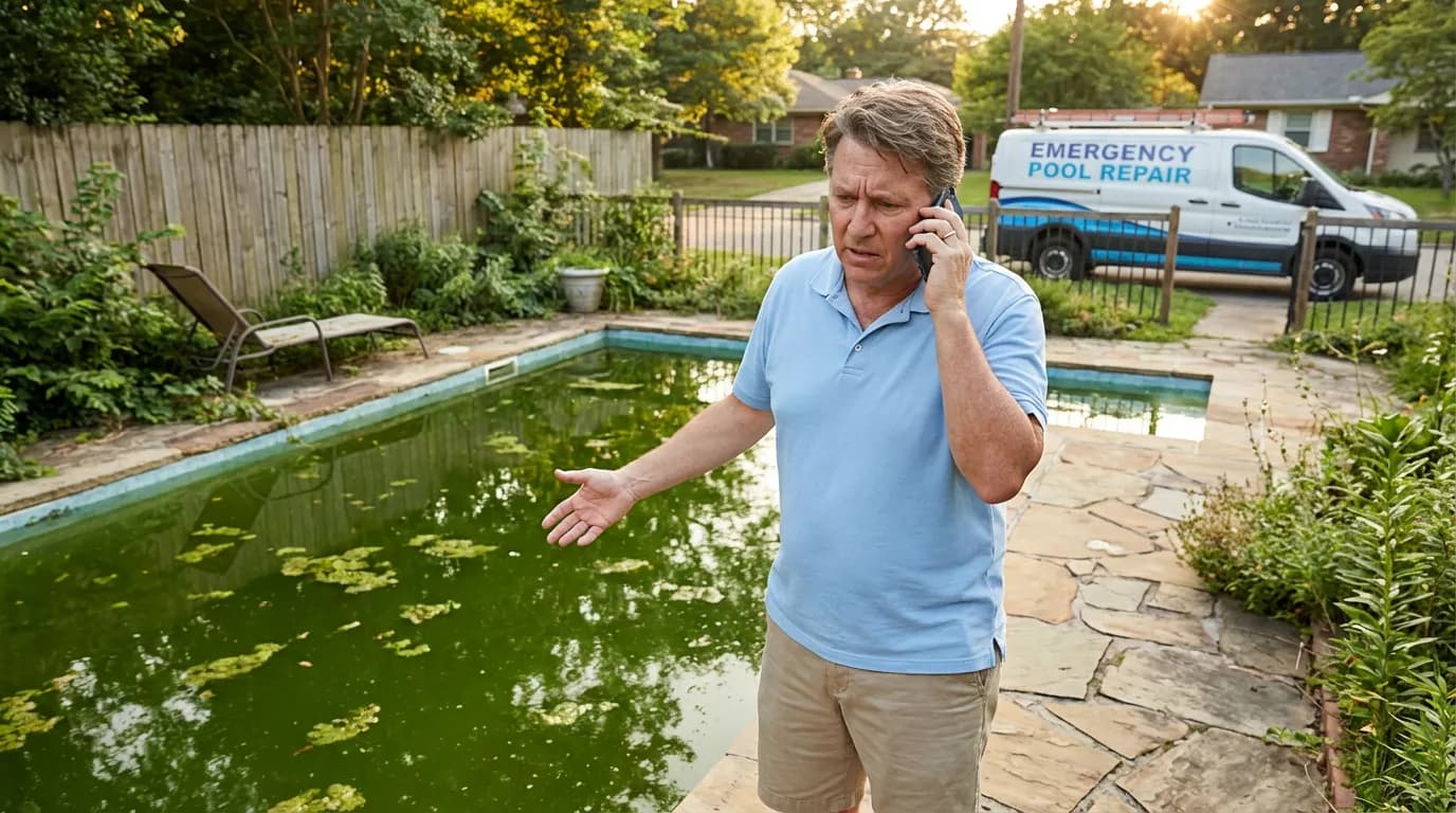 Piscine avec eau verte et algues, client stressé appelant pour urgence SAV