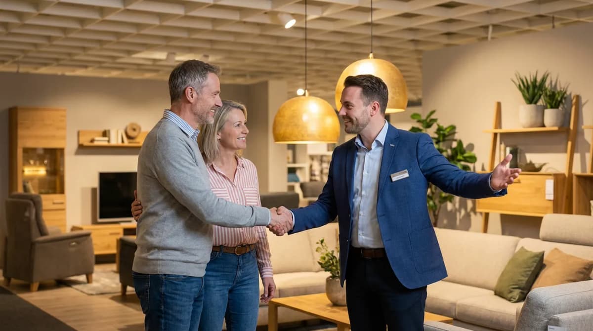 Couple visitant un showroom habitat accueilli chaleureusement par un vendeur souriant