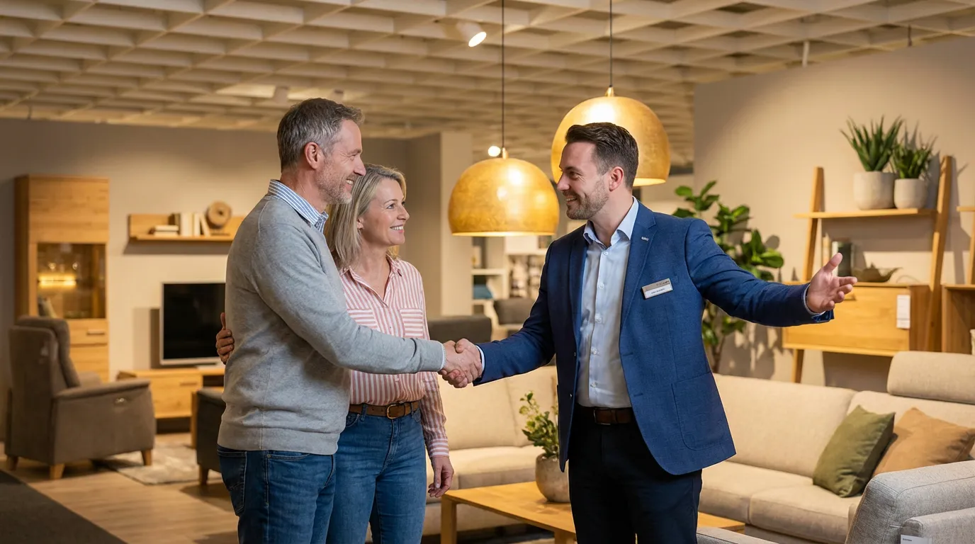 Couple visitant un showroom habitat accueilli chaleureusement par un vendeur souriant