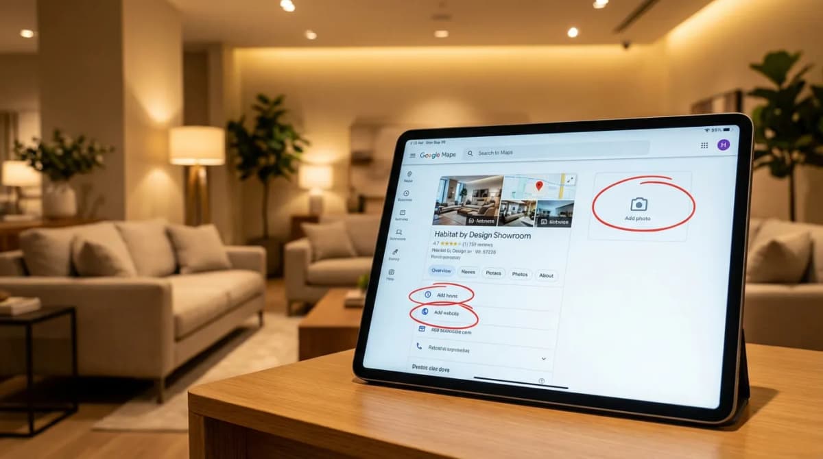 Fiche Google Business d'un showroom habitat avec des informations manquantes entourées en rouge