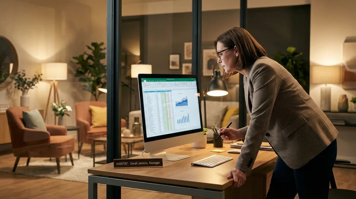 Gérant de showroom habitat analysant ses chiffres sur un écran dans son bureau