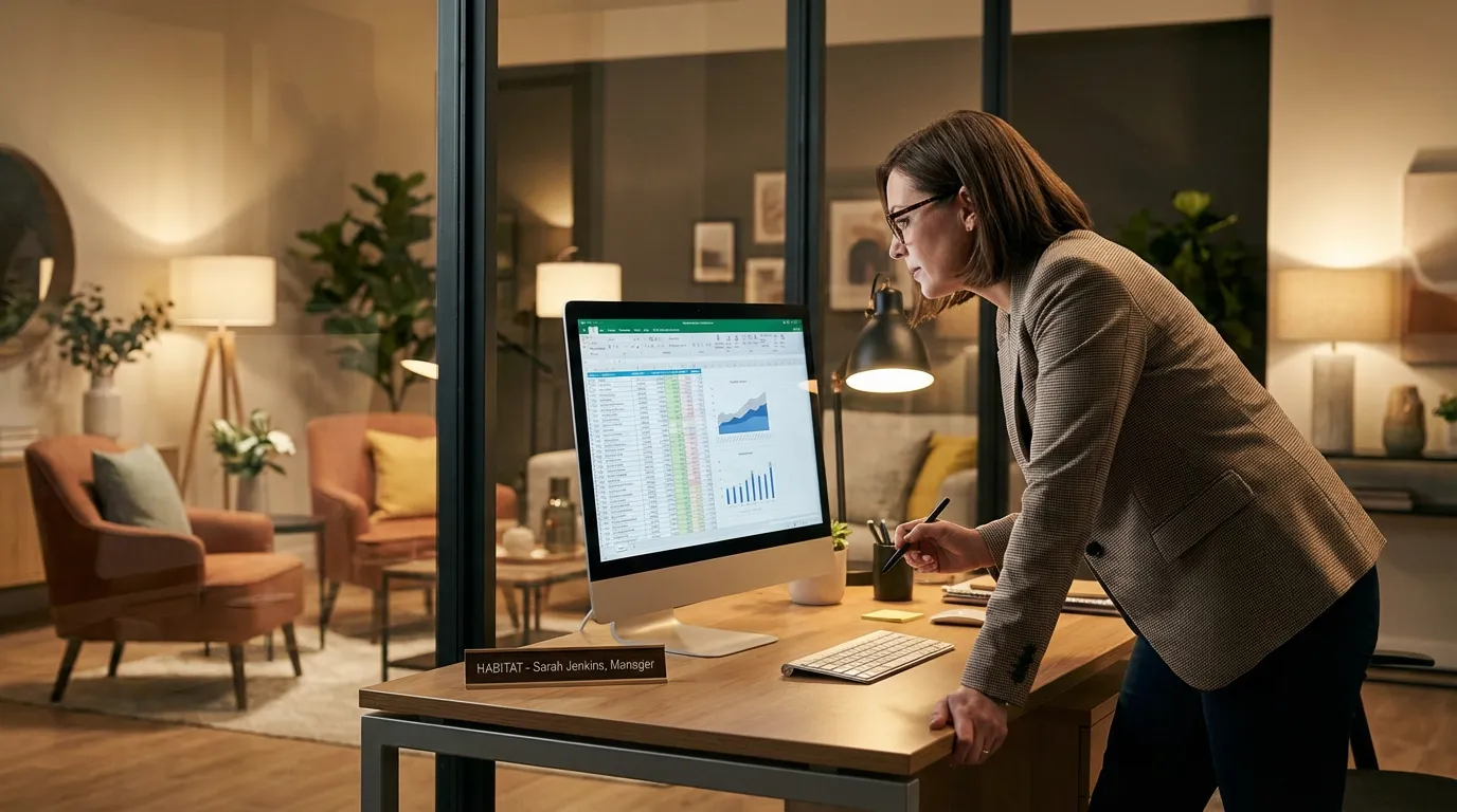 Gérant de showroom habitat analysant ses chiffres sur un écran dans son bureau