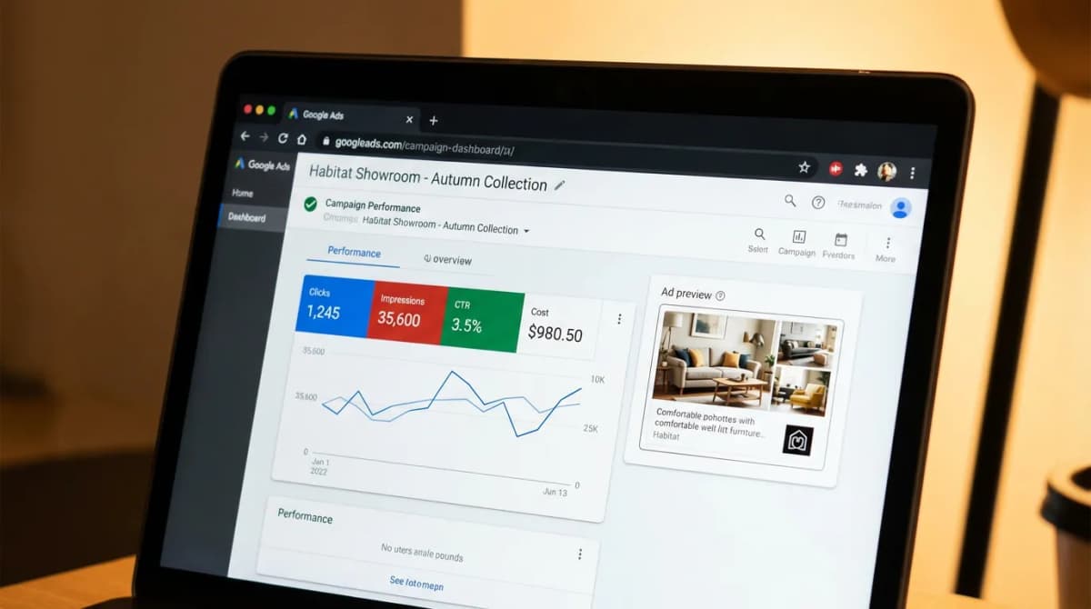 Écran Google Ads montrant une campagne pour un showroom habitat avec métriques de performance