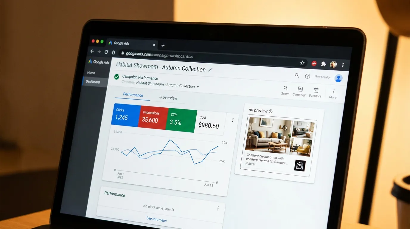Écran Google Ads montrant une campagne pour un showroom habitat avec métriques de performance