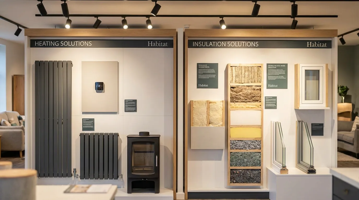 Showroom habitat présentant des solutions de chauffage et d'isolation côte à côte
