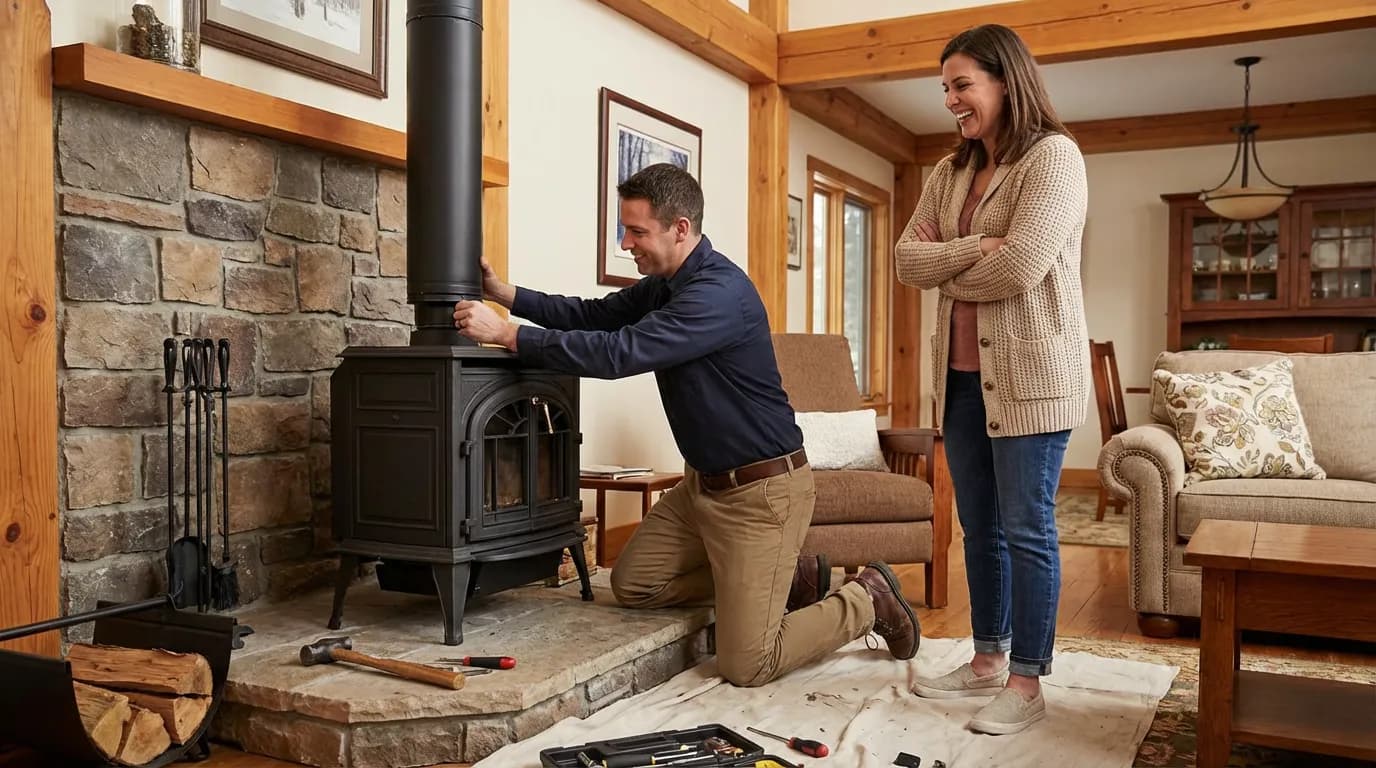 Technicien installant un poêle à bois dans un salon pendant que le client observe avec satisfaction