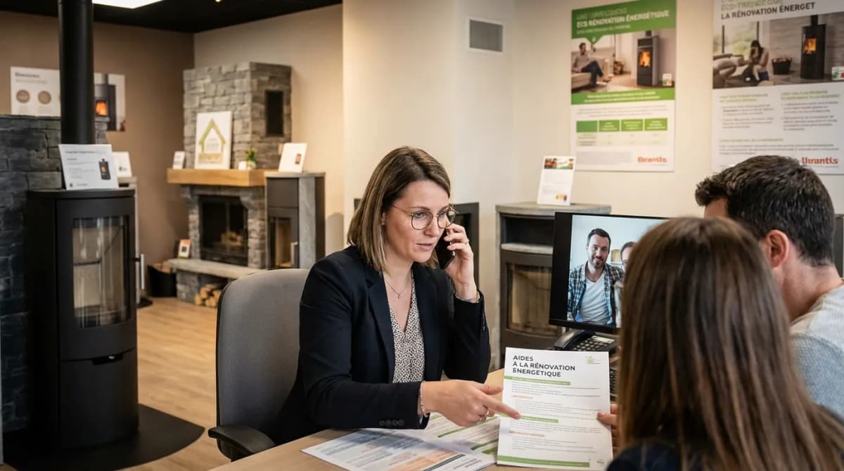 Conseiller client sur MaPrimeRénov et CEE au téléphone dans un showroom