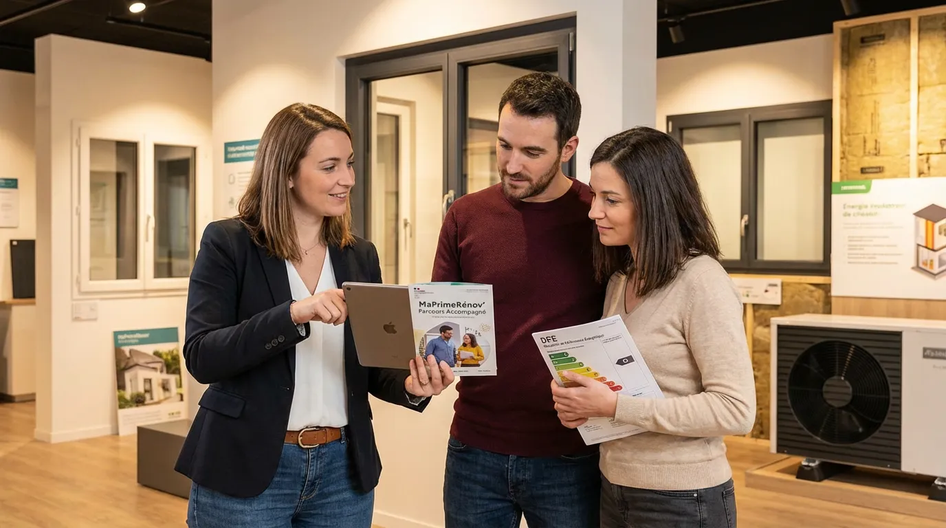 Conseiller showroom expliquant le parcours accompagné MaPrimeRénov à un couple avec un document DPE