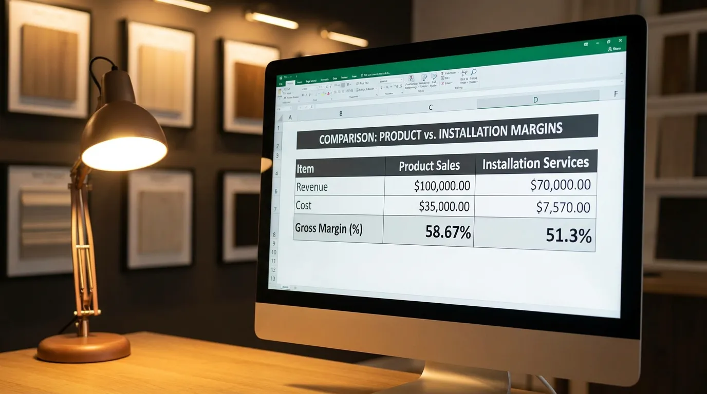 Tableau comparatif des marges produit et pose affiché dans le bureau d'un gérant de showroom