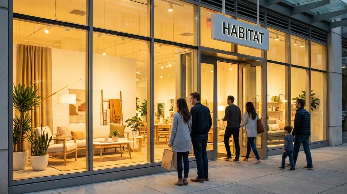 Showroom habitat avec clients qui entrent attirés par une vitrine bien aménagée