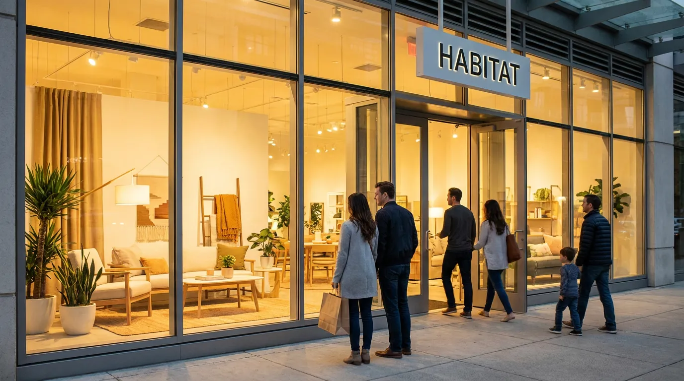 Showroom habitat avec clients qui entrent attirés par une vitrine bien aménagée