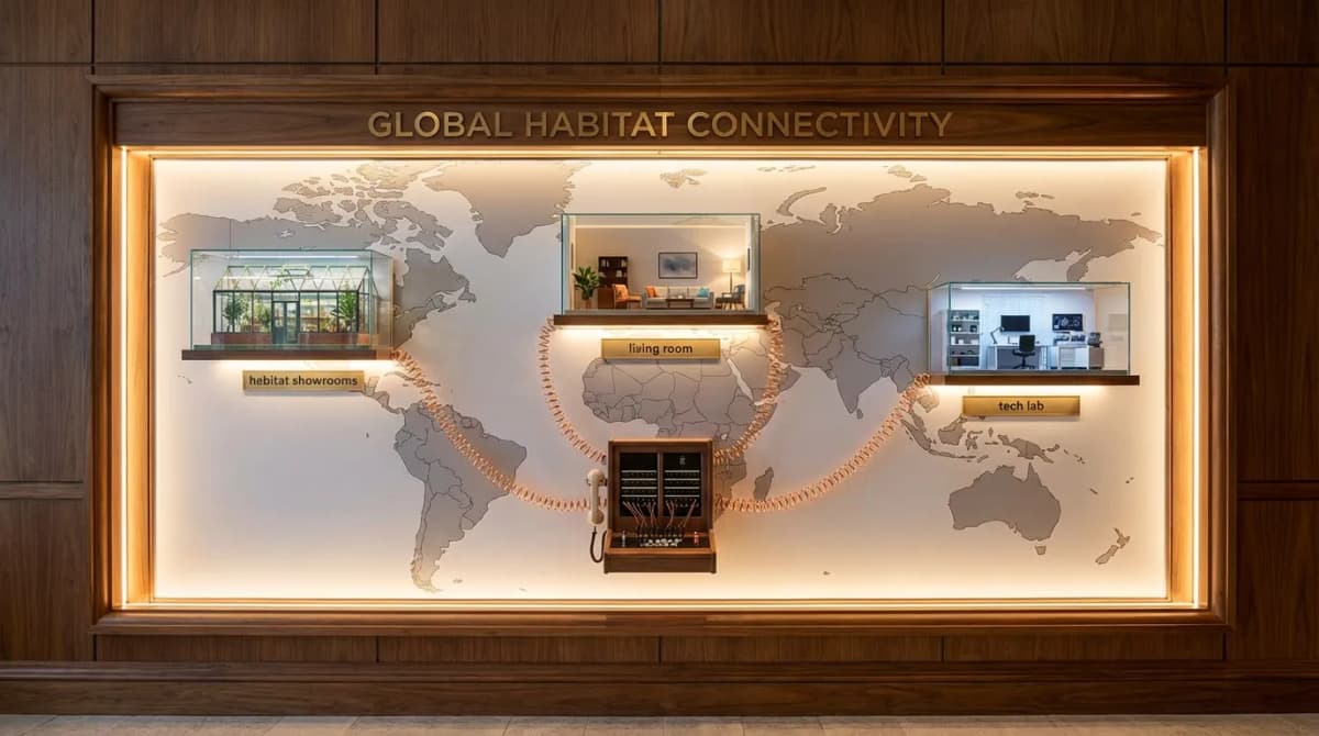 Carte avec trois showrooms habitat connectés par des lignes téléphoniques centralisées