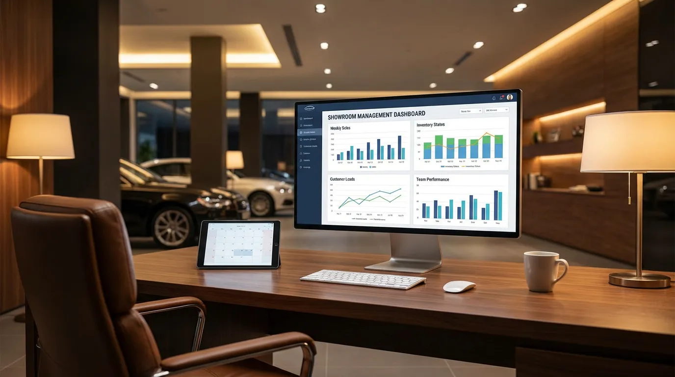 Bureau de gérant de showroom habitat avec écran montrant un tableau de bord de gestion