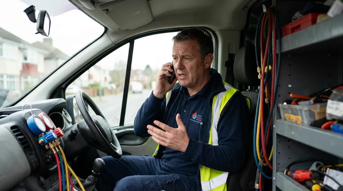 Technicien chauffage répondant à un appel SAV urgence depuis son véhicule