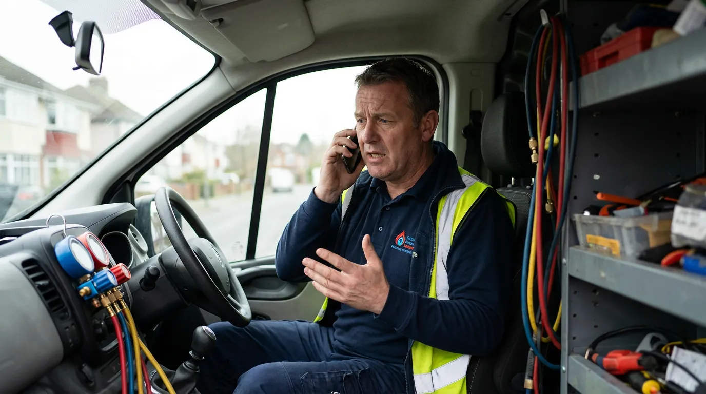 Technicien chauffage répondant à un appel SAV urgence depuis son véhicule