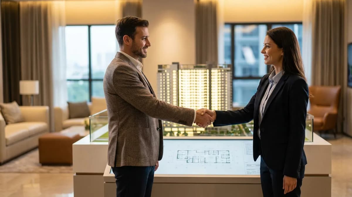 Gérant de showroom serrant la main d'un promoteur immobilier devant un plan de lotissement