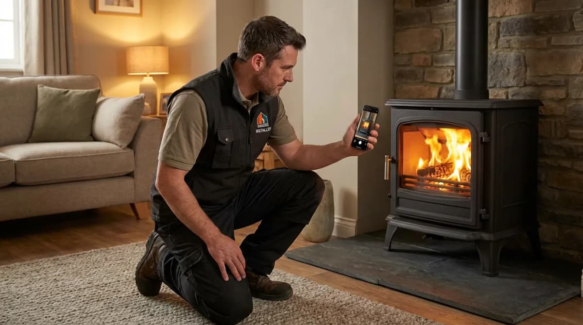 Installateur photographiant un poêle à bois fraîchement posé dans un salon avec son smartphone