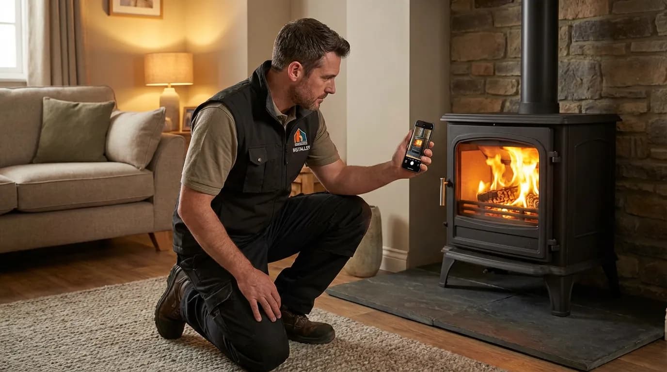Installateur photographiant un poêle à bois fraîchement posé dans un salon avec son smartphone