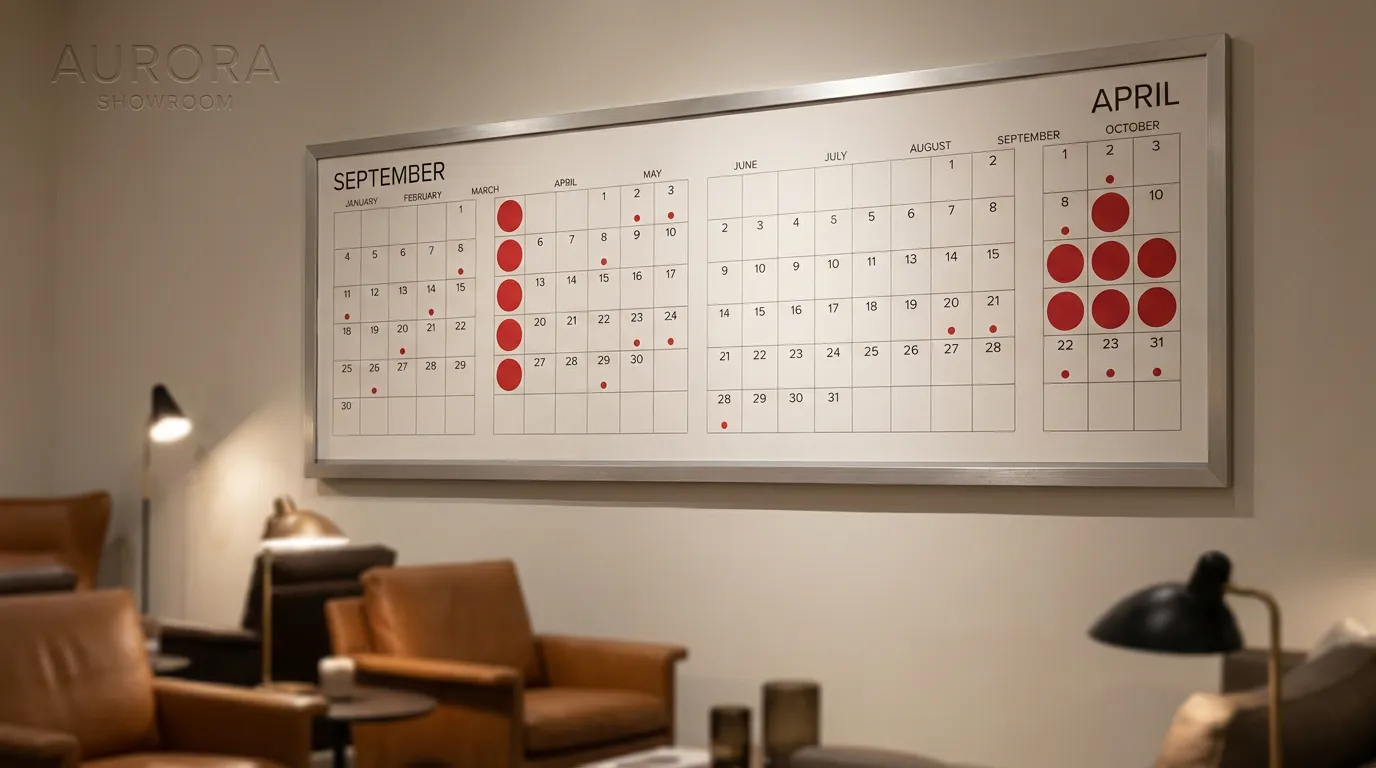 Calendrier de showroom habitat avec pics d'activité marqués en rouge pour septembre et avril