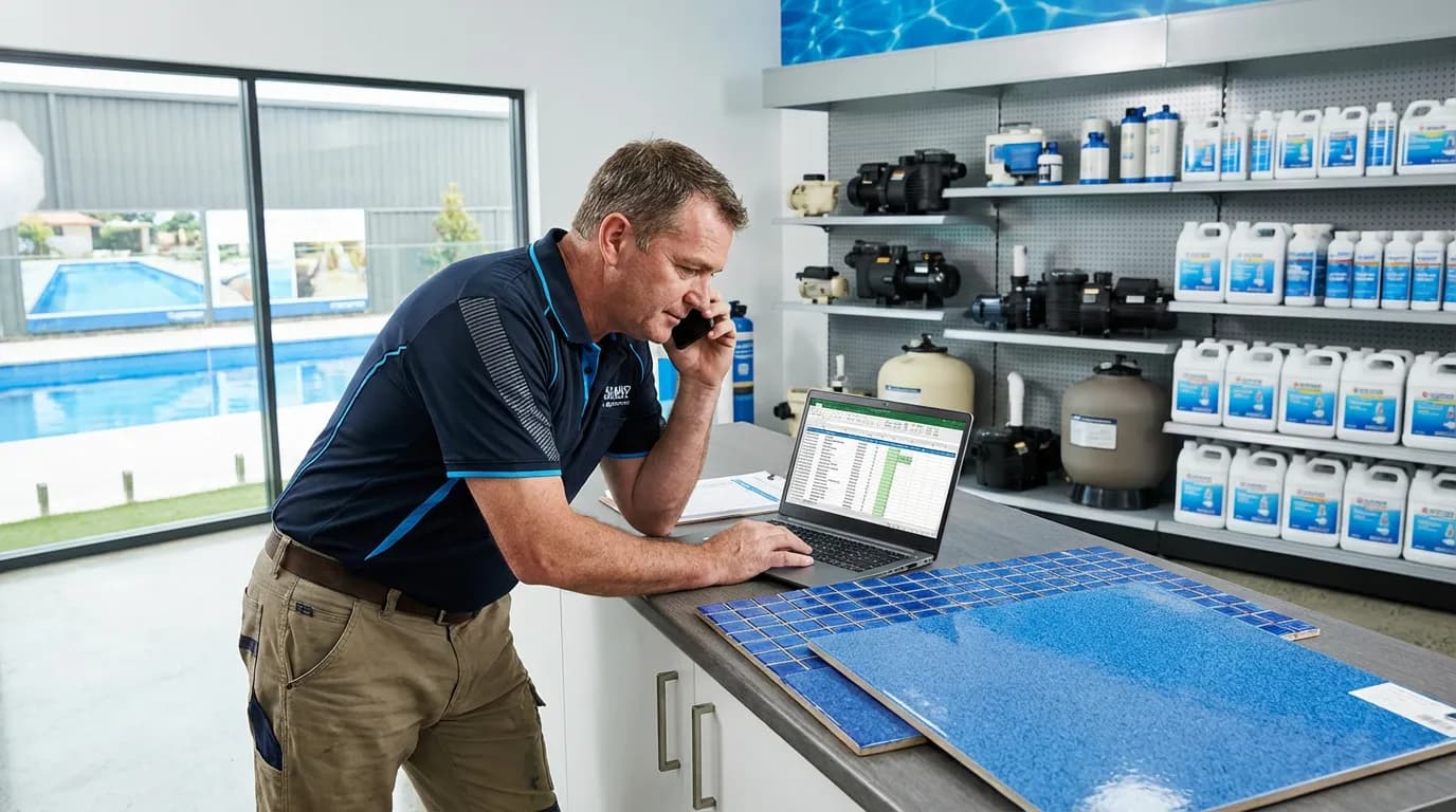 Technicien piscine répondant aux appels clients dans son showroom