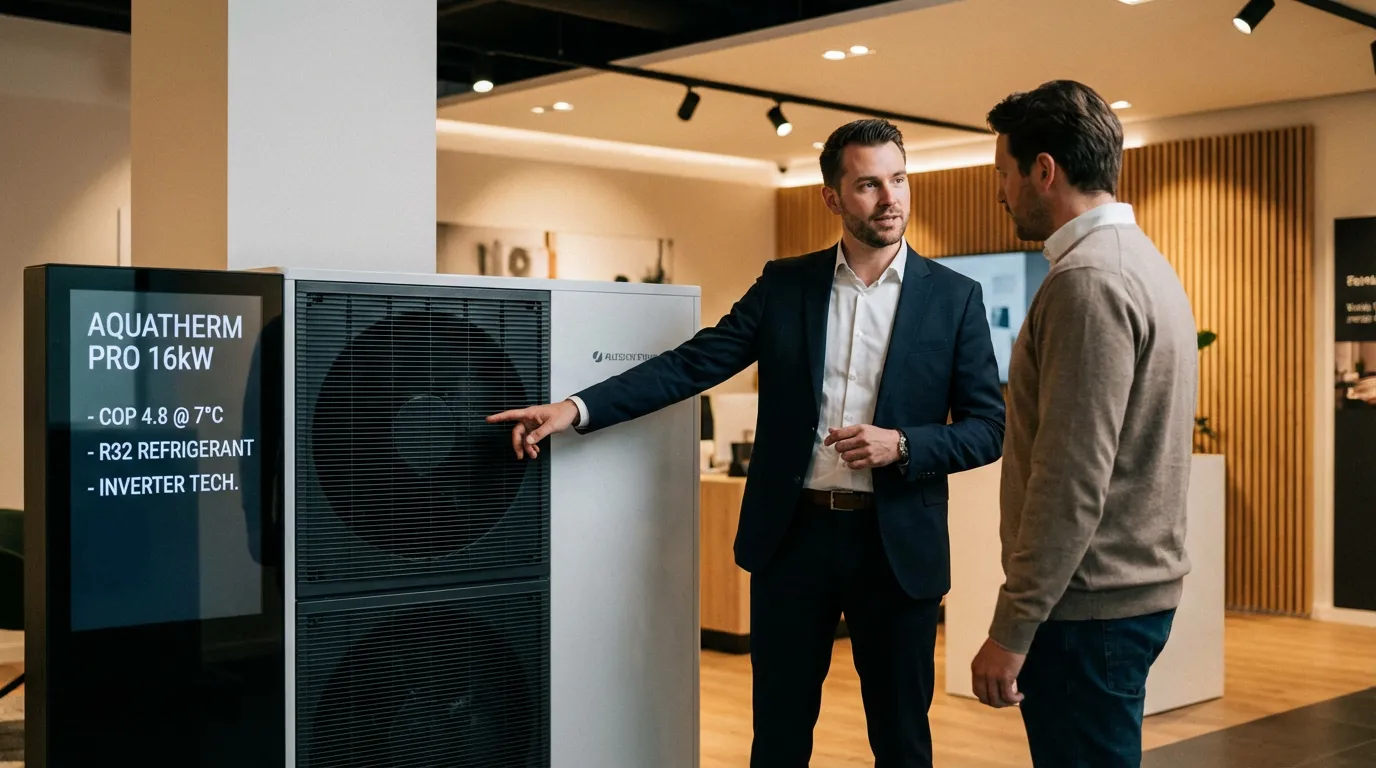 Vendeur de showroom montrant une pompe à chaleur air-eau à un client avec des fiches techniques