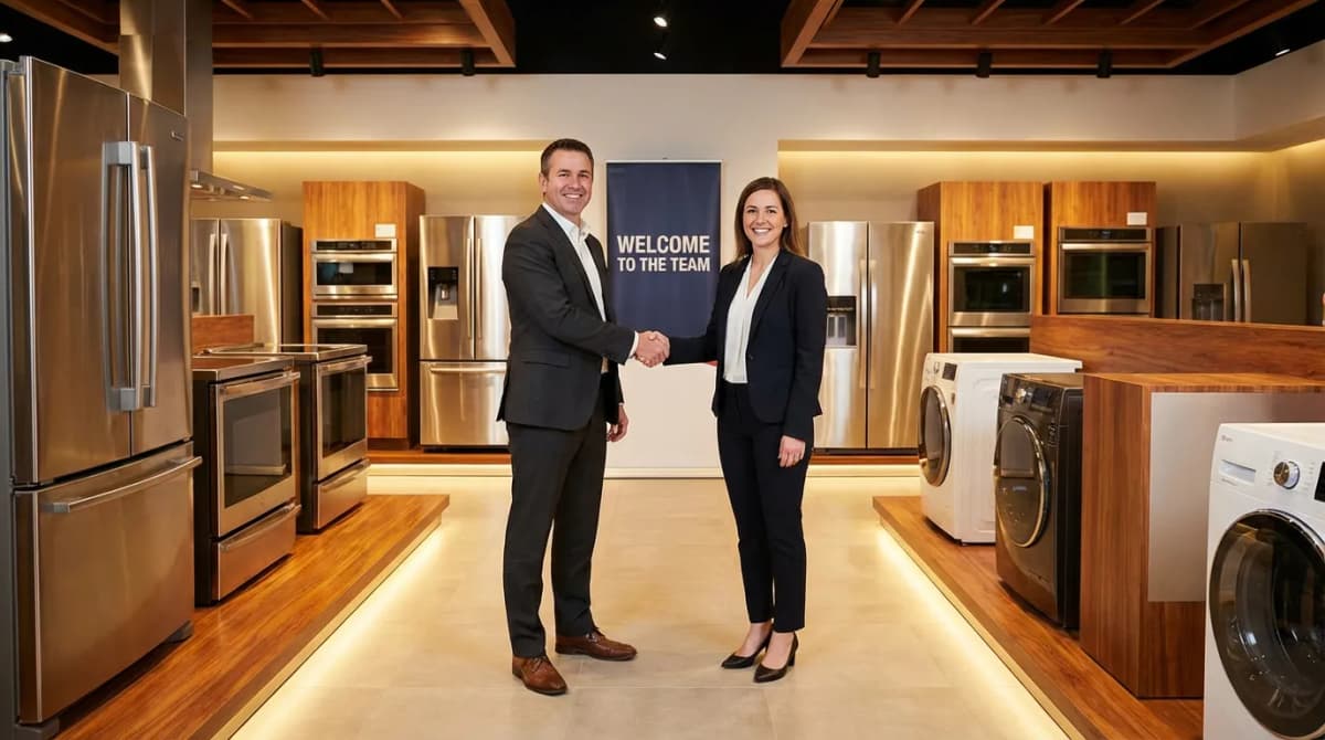 Gérant de showroom habitat serrant la main d'un nouveau vendeur devant les produits exposés