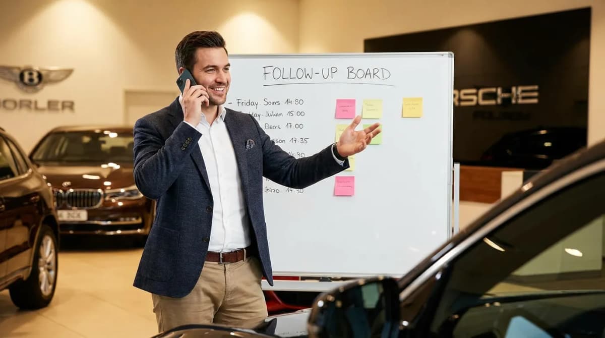 Vendeur de showroom habitat appelant un prospect sur son téléphone avec un tableau de suivi derrière lui
