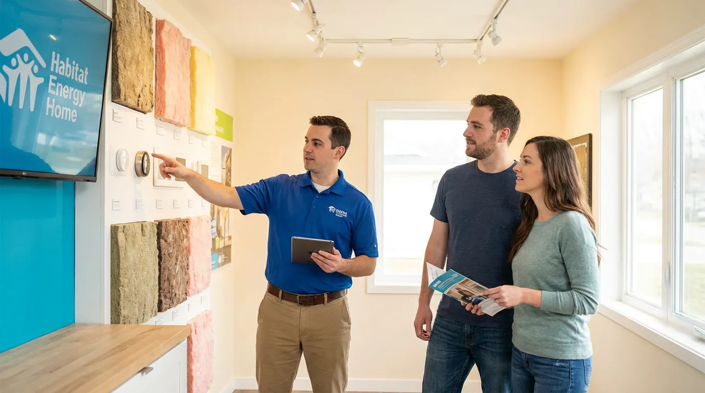 Professionnel habitat conseillant un couple sur un projet de rénovation énergétique dans un showroom