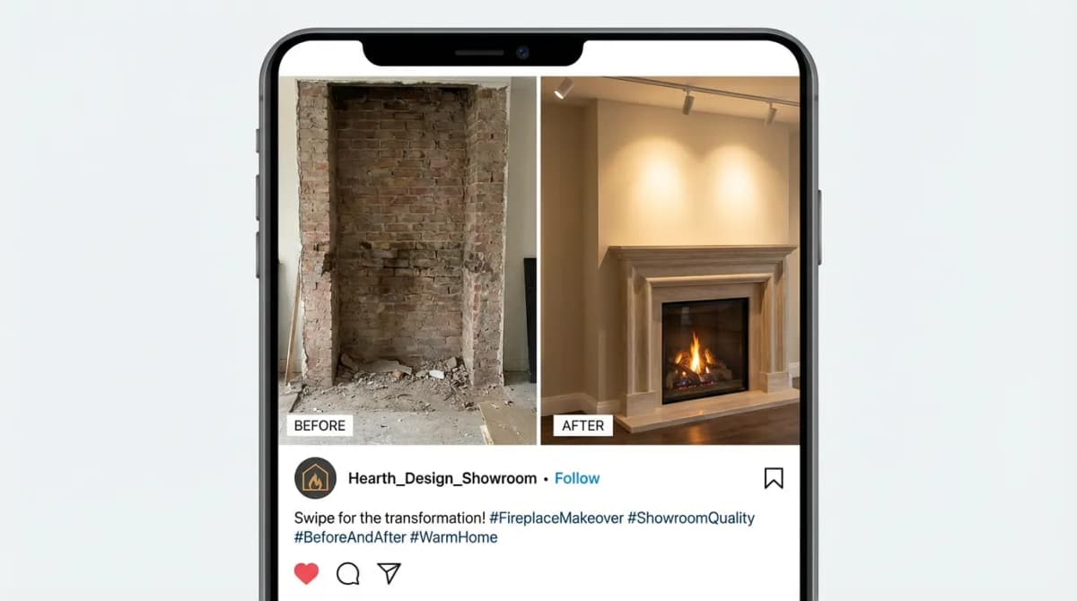 Photo avant-après d'une installation de cheminée publiée sur Instagram depuis un showroom