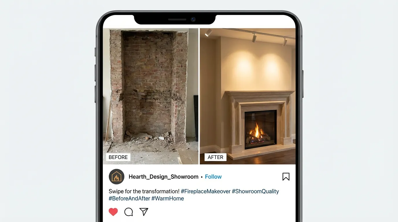 Photo avant-après d'une installation de cheminée publiée sur Instagram depuis un showroom