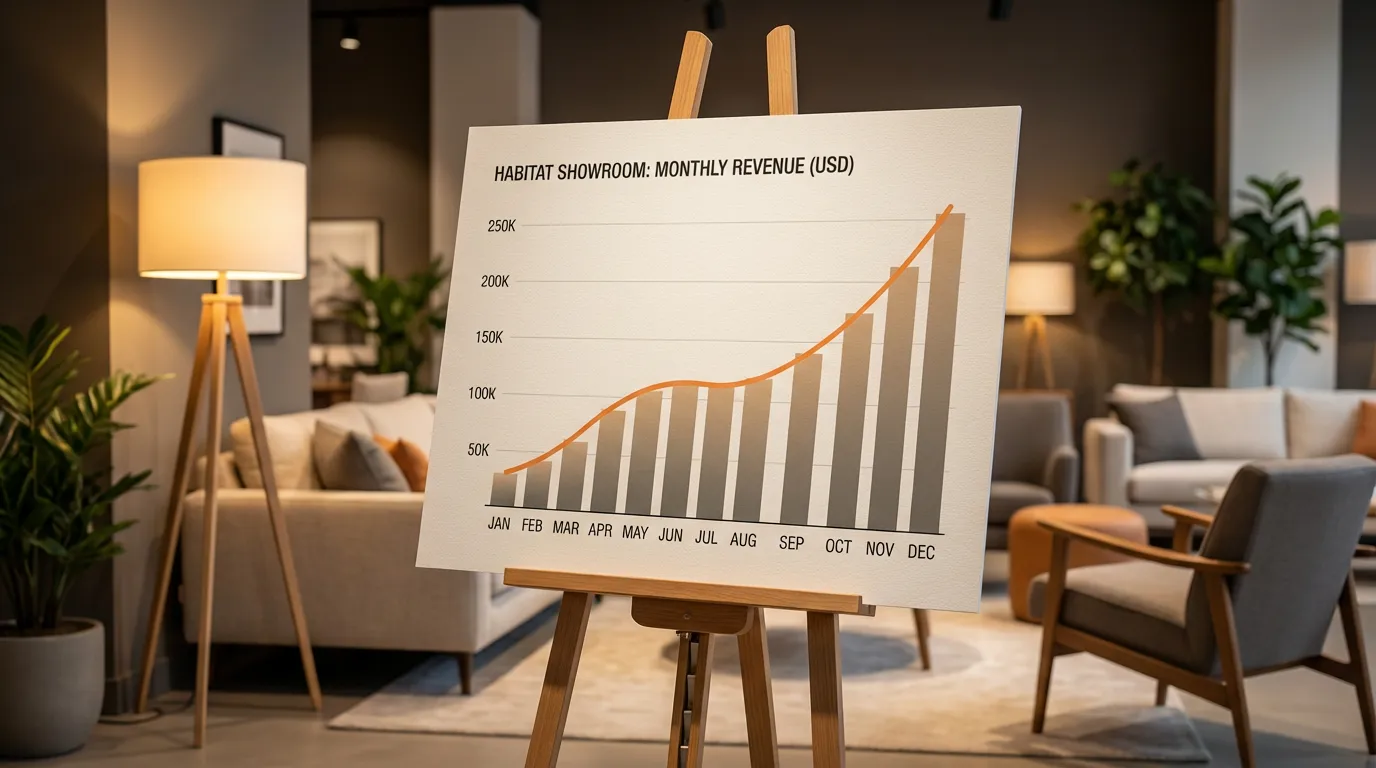 Graphique de chiffre d'affaires mensuel d'un showroom habitat avec courbe lissée