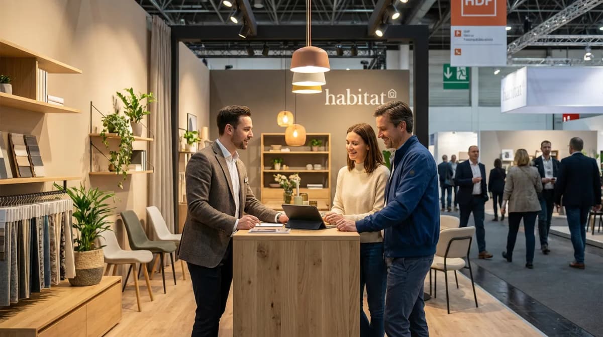 Stand de showroom habitat dans un salon avec un vendeur qui conseille un couple visiteur
