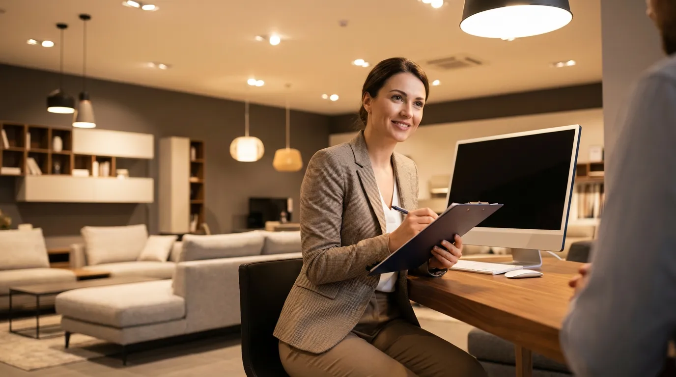 Manager de showroom habitat prenant note d'une réclamation SAV avec le sourire