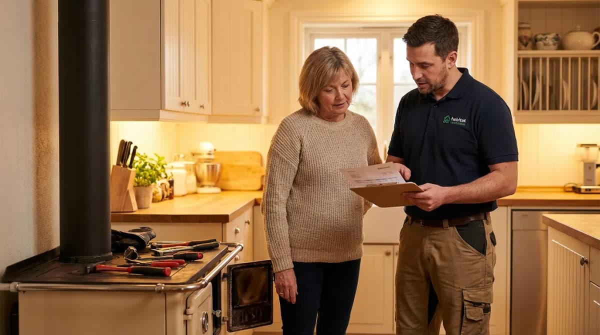 Technicien habitat expliquant une facture SAV à un client devant un poêle en cours de réparation