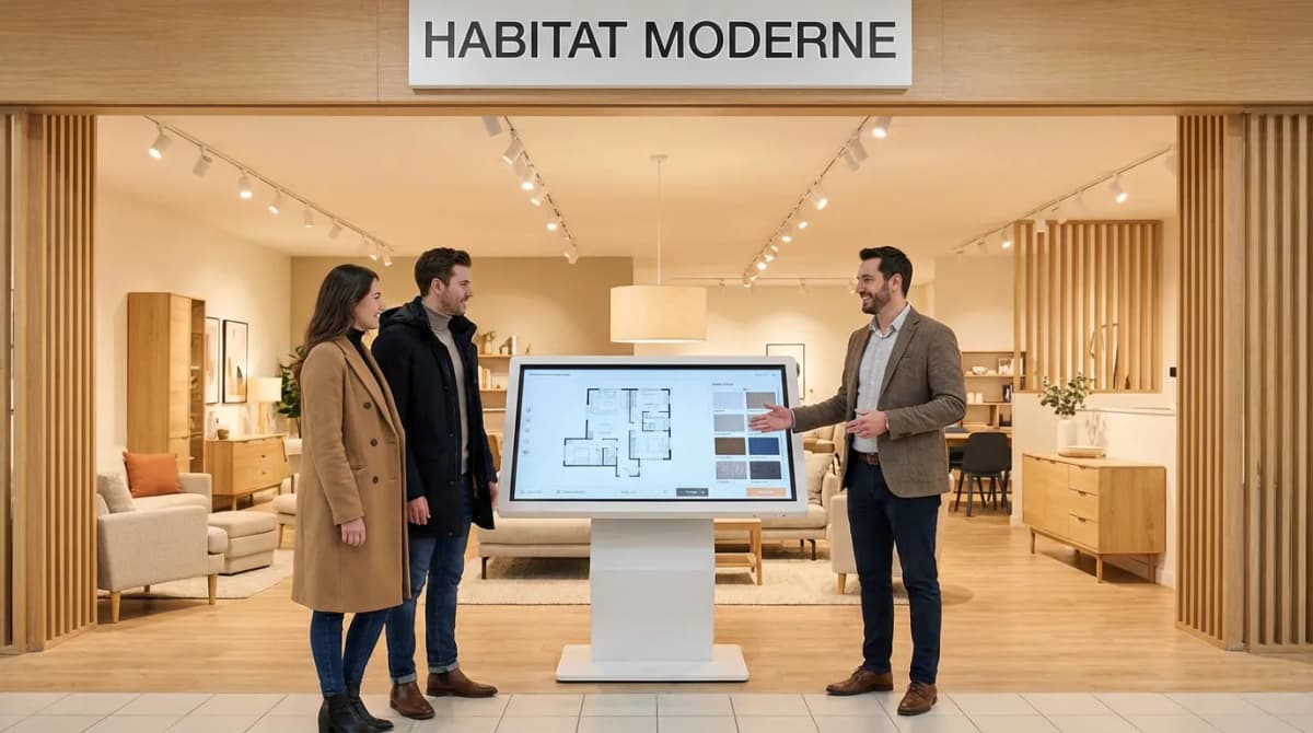 Showroom habitat moderne avec borne digitale interactive et vendeur conseil accueillant un couple