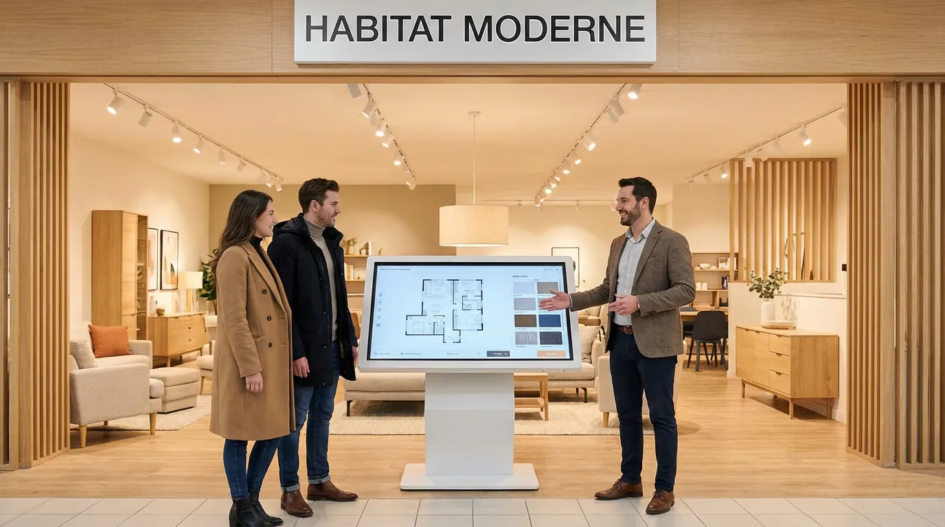Showroom habitat moderne avec borne digitale interactive et vendeur conseil accueillant un couple