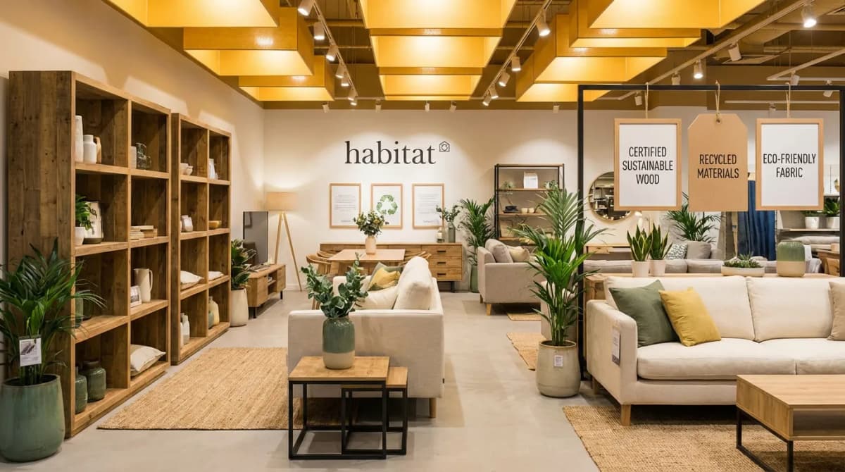 Showroom habitat avec matériaux écoresponsables exposés et étiquettes environnementales visibles