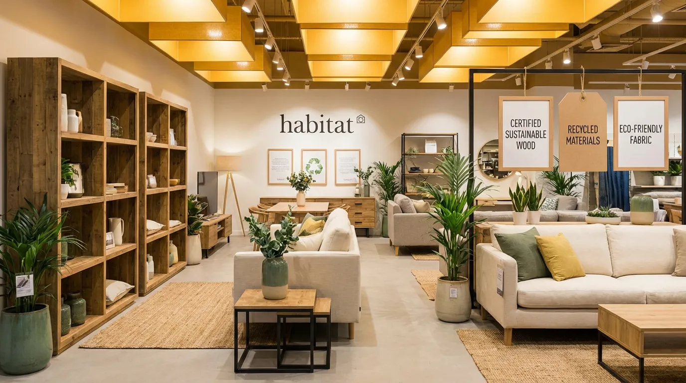 Showroom habitat avec matériaux écoresponsables exposés et étiquettes environnementales visibles