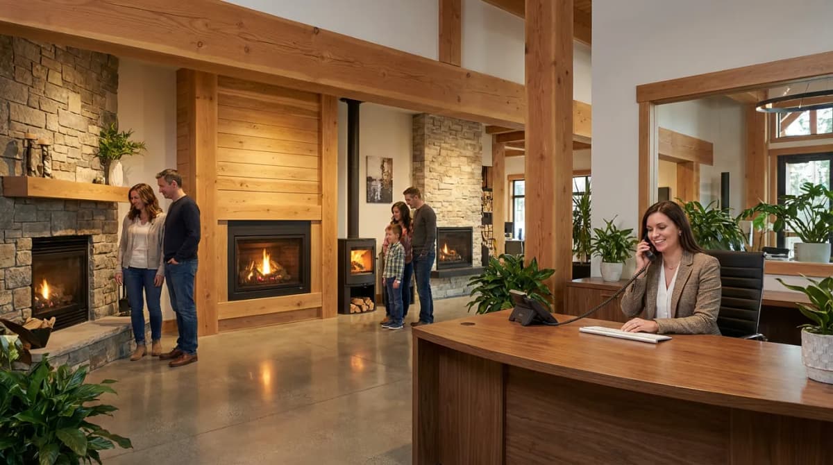 Gérant de showroom habitat prenant un appel client pendant une installation